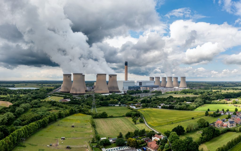 Aerial landscape of Drax power station polluting the atmosphere with carbon dioxide emissions